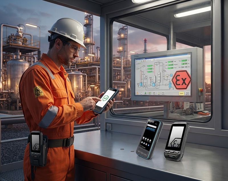 worker using an explosion proof smartphone in a hazardous workplace